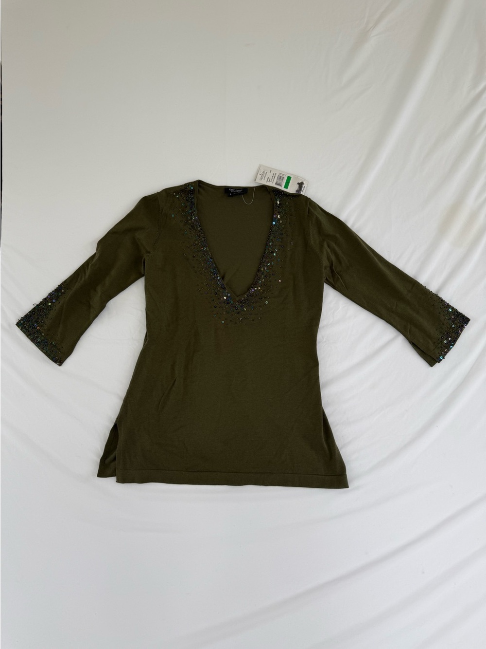Vintage Y2K Silk Blend Beaded V Neck Top Olive Size L Indie Sleaze Glam Party